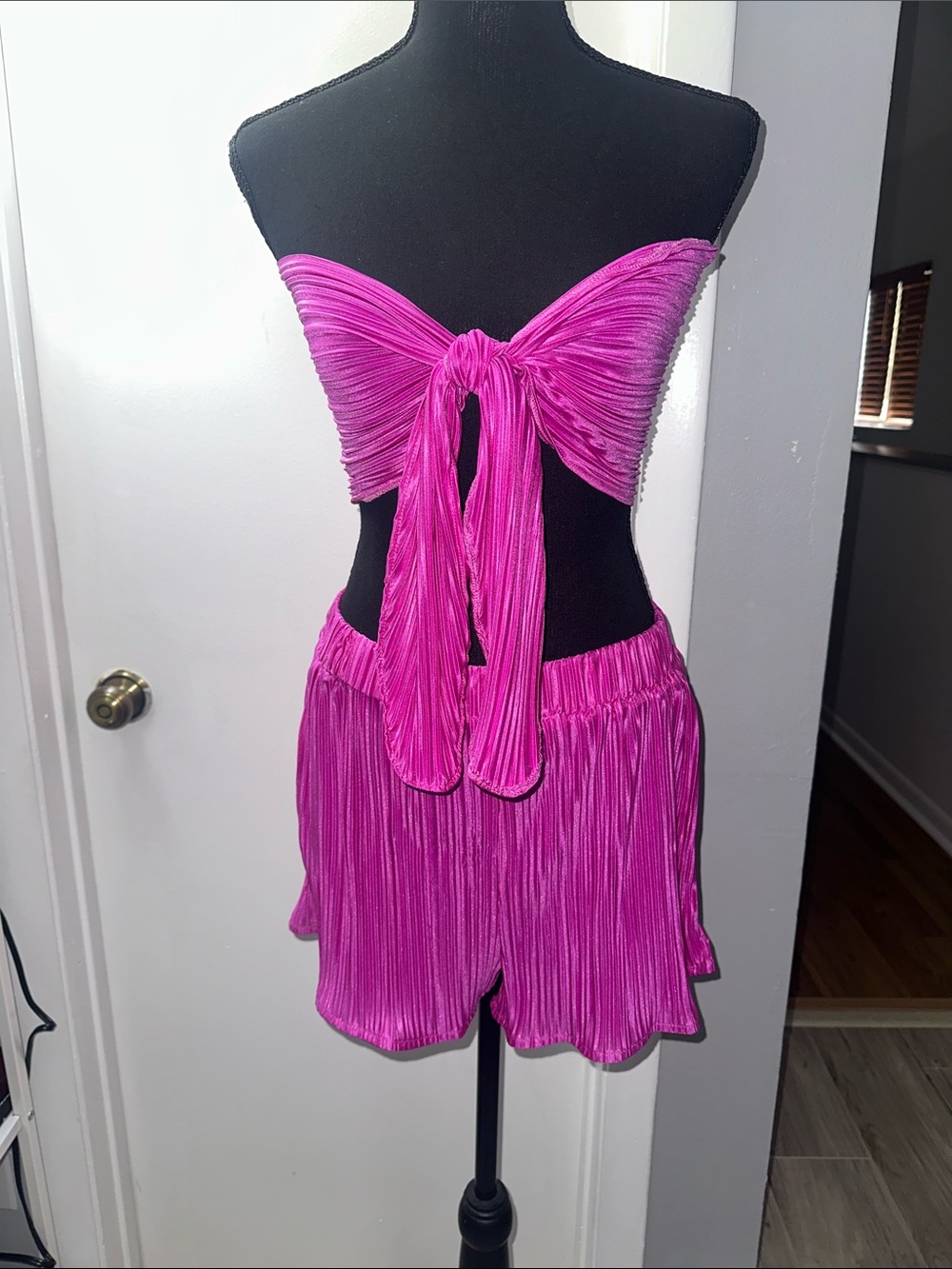 SHEIN Fuchsia Pink Strapless Tie-Front Bandeau Two-Piece Set